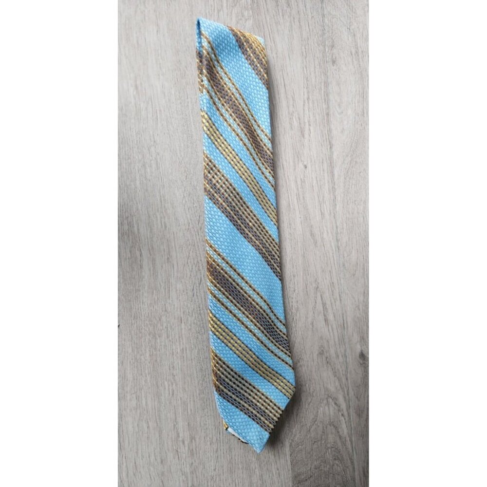 Vintage Trevira Repp Neck Tie Aqua Blue Brown Stripe Pattern Polyester